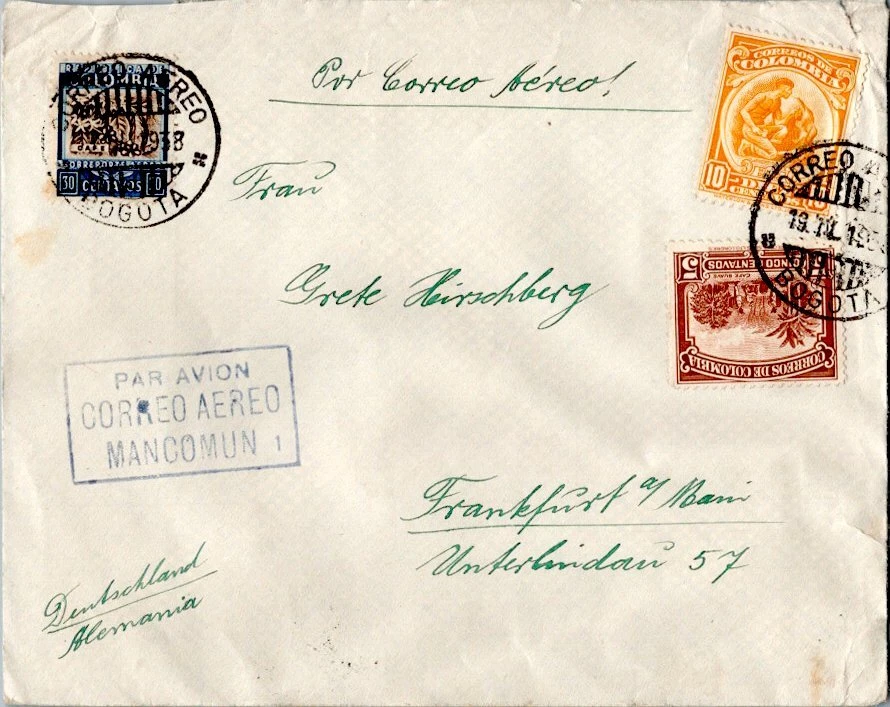 Colombia 5c Coffee Cultivation, 10c Gold Mining and 30c Coffee 1938 Correo Aereo - Image 1 of 1