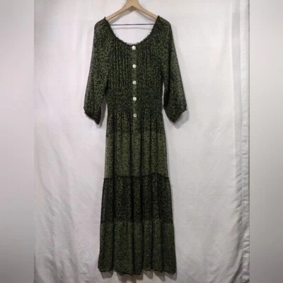 Figueroa & Flower 动物印花长裙女式 XL 绿色花卉复古 90 年代 — 第 1/4 张图片