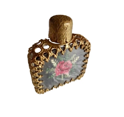 pERFUME BOTTLE RED ROSE TAPESTRY & METAL FILIGREE GOLD TONE DECORATION neocurio - Image 1 of 4
