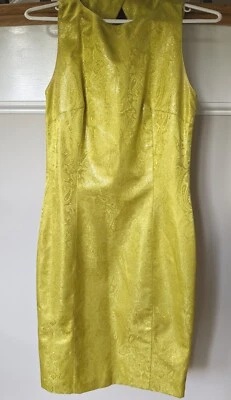 Vintage Sz 2 Lemon Yellow Metallic Jacquard Print Evening Holiday Dress 100 Silk - Image 1 of 4