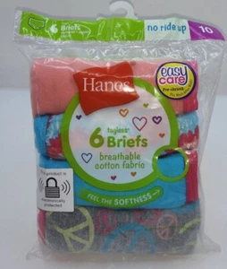Hanes Girls Size 10 Briefs 6 Ct No ride Up Peace Sign Pre Shrunk - Picture 1 of 7