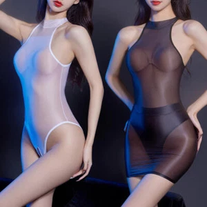 Damen Bodycon Mini Kleid Dessous durchsichtig glänzend Body hochgeschnitten Tanga Trikot - Bild 1 von 19