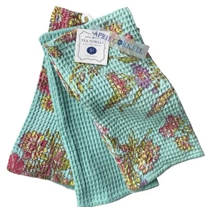 April Cornell Tea Towels Kitchen Set 3 Wildflower Turquoise Floral Waffle Weave - Picture 1 of 6