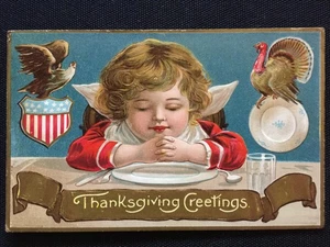 Kind betet patriotisch Erntedank Postkarte Türkei Adler Flagge Gold geprägt - Bild 1 von 2