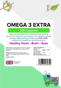Omega 3 Extra Fish Oil 1000mg, Normal Heart Function (360 Capsules) LINDENS UK - Picture 1 of 17