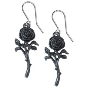 Alchemy Gothic The Romance of the Black Rose Earrings Dangling Hooks E421 New - Picture 1 of 3