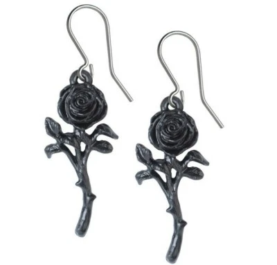 炼金术哥特式黑玫瑰浪漫耳环悬挂钩 E421 全新 — 第 1/3 张图片
