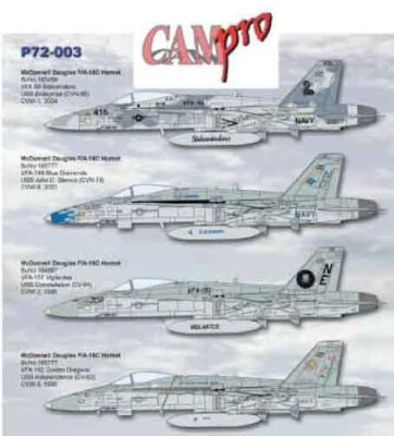 OOP, CAM PRO DECAL, P72-003, 1/72 SCALE, F/A-18C HORNET, VFA-86, 146, 151 and192 - Image 1 of 4