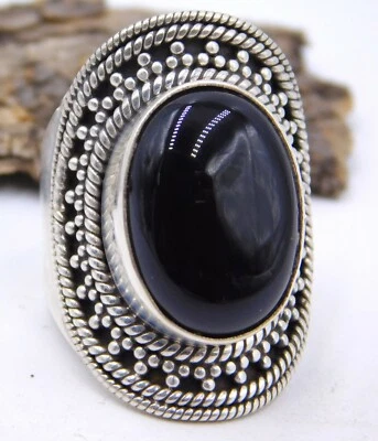 11.7Gm 925 Argento Sterling Naturale Onice Nera Cab Gemma Misura Anello 8 " US - Immagine 1 di 4
