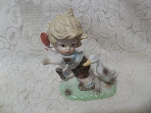 Vintage Porcelain Figurine Boy running from Goose. Unmarked - Picture 1 of 2