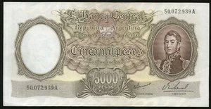 ARGENTINIEN SCHEIN 1968 5000 PESOS OHNE LEY Serie A - P#280b - B#2182 - XF - Bild 1 von 2