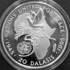 Gambia 20 dalasis Silver Proof 1995 United Nations 50th Anniversary KM#37a 925Ag - Picture 1 of 2
