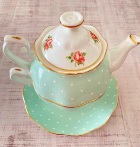 Royal Albert Polka Rose Tea For One Mint Pink Florals Teapot Teacup & Saucer Set - Picture 1 of 9