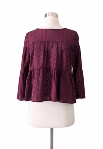 MADEWELL Women Top Blouse Button Back Burgundy Eyelet Tiered Boho Cotton XS - Picture 1 of 7