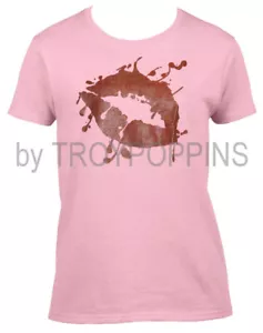 1-LADIES WEAR-BLOOD RED LIPS KISS LOVE TATTOO PUCKER GRAPHIC PRINTED T-SHIRT TEE - Picture 1 of 6