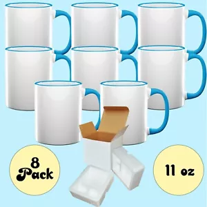 8 tazas de café de sublimación con mango de borde azul LT de 11 OZ + cajas de soporte de espuma - Imagen 1 de 4