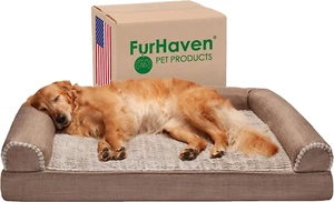 Furhaven XL Orthopedic Dog Bed Luxe Faux Fur & Performance Linen Sofa-Style W/ R - Picture 1 of 12