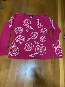 VTG 80s Gene Ewing Bis Wrinkled Rich Denim Pink Ribbon Rose Shirt L - Picture 1 of 3