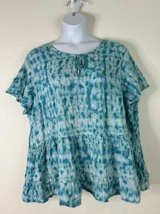 Terra & Sky Womens Plus Size 4X Blue Tie-Dyed Babydoll Woven Top Short Sleeve - Picture 1 of 7
