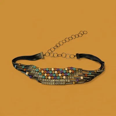 Cinturón de cadera ajustable de colección elegante estilo boho gitano imitación cuero color madera cuentas Foto 1 de 4