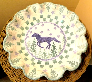 Cuenco de cerámica artística Vermont Lodge blanco azul verde caballo pintado a mano - Imagen 1 de 6