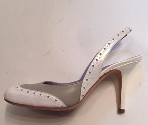 CHARLES NOLAN NY Heels Spectator Slingback WHITE GRAY LEATHER ITALY 37.5 7 - Picture 1 of 11
