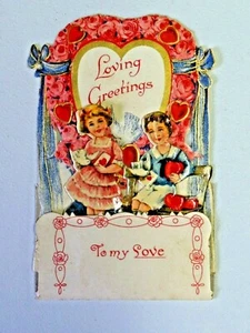 Antique Stand Up 3-D Die Cut Valentines Day Boy & Girl Hearts Loving 3750 - Picture 1 of 5