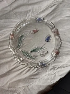 ANTIQUE CRYSTAL LARGE ROUND PLATTER WITH LOVELY EMBOSSED TULIPS GREAT DESIGNER - Picture 1 of 1
