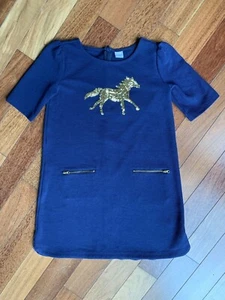 Sequined Horse Dress Gymboree 12 Girls PLUM PONY Navy Blue Gold Zippered Pockets - Picture 1 of 7