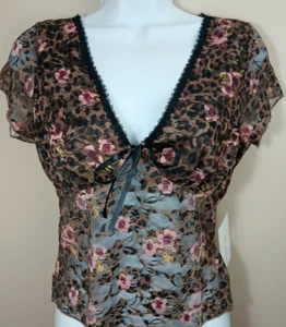 Justify Floral Lace Top V-Neck Baby Doll Brown Blouse Women's Size Large - Picture 1 of 9