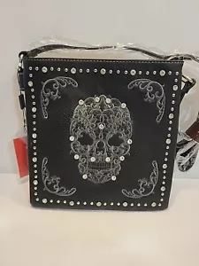 Montana West Concealed Carry Studded Skull Crossbody Bag Black Leather NEW - Picture 1 of 23