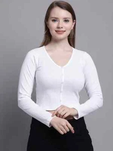 Women White Poly Viscose V-Neck Long Sleeve Shirt Style Crop Top - Picture 1 of 4