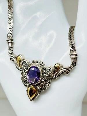 "Collar colgante vintage de oro de 18 quilates de plata de ley 925 amatista marcasita 18""" Foto 1 de 4