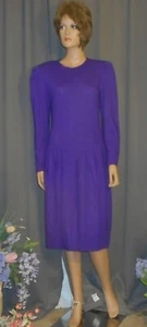 Vtg ‘80s David Warren Purple Big Shoulder Pads Drop Waist Wool Work Dress, Sz.6 - Picture 1 of 10