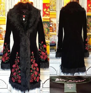 Vintage Betsey Johnson Black Velvet Faux Fur Penny Lane Long Jacket Dress Coat M - Picture 1 of 15