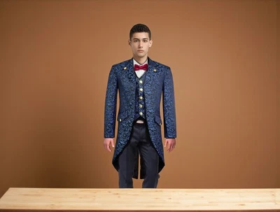 Men’s Blue Steampunk Tailcoat Gothic Brocade Coat Victorian Fashion Jacket - Image 1 of 4