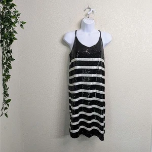 Alya Francesca's Black White Striped Sequin Mini Dress Cocktail Party Strappy S - Picture 1 of 10