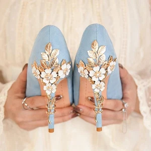 Women Pointed Toes High Heels Slim Heels Sexy Fashion Metal Flower Banquet Shoes - Picture 1 of 11