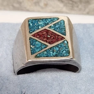 Anello uomo vintage nativi americani turchese schiacciato e corallo sterling 12 grammi - Foto 1 di 7