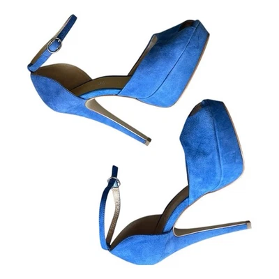 Tacones altos vintage Y2K años 2000 gamuza azul punta abierta con correas para el tobillo talla 38 Foto 1 de 4