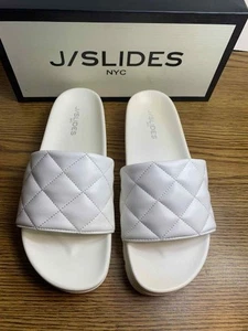 J/Slides Damen Edge Pantoletten Sandalen Slipper Größe 9,5 M Leder weiß gesteppter Rand - Bild 1 von 7