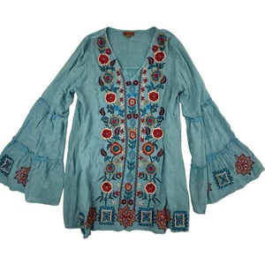 Scully Embroidered Floral Tunic Top Women XS Blue V-neck Bell Long Sleeves - Picture 1 of 11