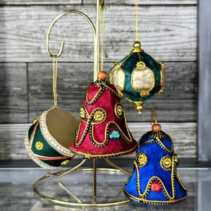 Vintage Velvet Embellished Holiday Ornaments Lot Four Red Green Gold Blue Japan - Picture 1 of 11