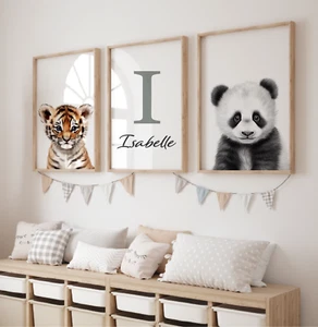 Safari Animal Nursery Print Set 3, Personalised Name, Jungle Theme, Kids Poster - Picture 1 of 10