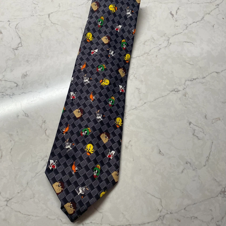 Vintage Looney Tunes Men's Black 100% Polyester Checkered Designer Neck Tie - Image 1 of 4