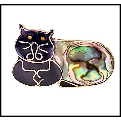 Alpaca México Plata Gato Gatito Broche Prendedor Abulón Concha Figura Animal Joyería Foto 1 de 4