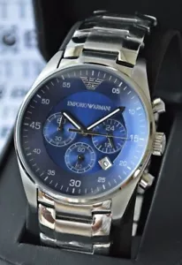 NEW GENUINE EMPORIO ARMANI MENS WATCH AR5860 STAINLESS STEEL SILVER & BLUE DIAL - Picture 1 of 4