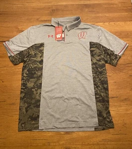 Under Armour Wisconsin Badgers Freedom Gray Camo Men's Polo Shirt NWT Size XL - Picture 1 of 4