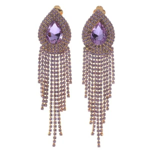 Gold Tone Metal Rhinestone Clip On Chain Dangle Earrings ER2571-LVT - Picture 1 of 3