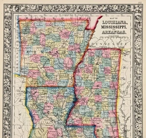 1864 LOUISIANA - ARKANSAS - MISSISSIPPI Map ORIGINAL Little Rock New Orleans - Picture 1 of 6